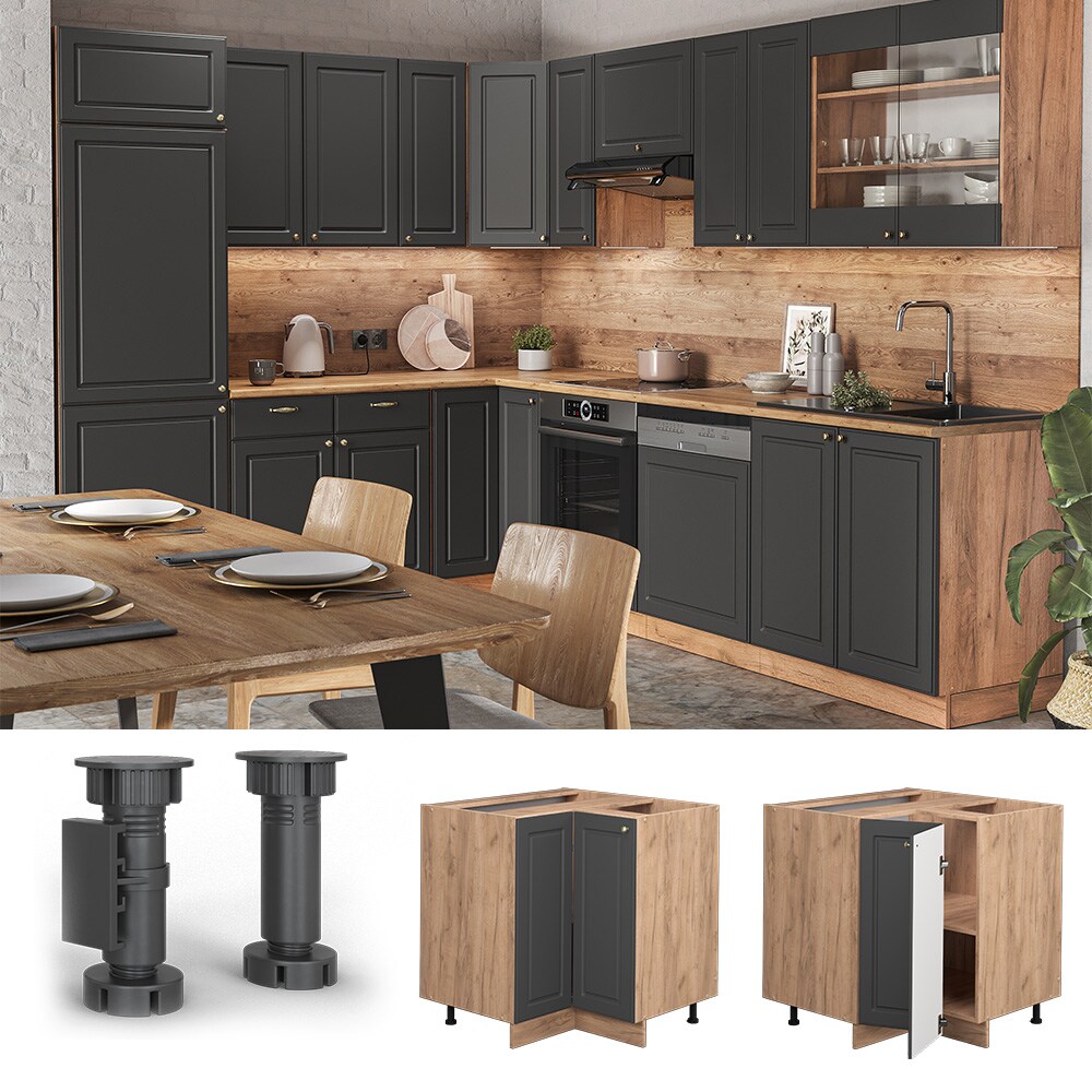 Vicco Eckunterschrank K&uuml;chenschrank K&uuml;chenm&ouml;bel Fame-Line Eiche Anthrazit-Gold Landhaus 87 cm K&uuml;che Eckk&uuml;che Einbauk&uuml;che Doppel-Dreht&uuml;r Einlegeboden Blende K&uuml;chenzeile 