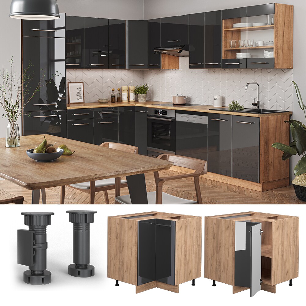 Vicco Eckunterschrank K&uuml;chenschrank K&uuml;chenm&ouml;bel Fame-Line Eiche Anthrazit modern 87 cm K&uuml;che Eckk&uuml;che Einbauk&uuml;che Doppel-Dreht&uuml;r Einlegeboden Blende K&uuml;chenzeile Hochglanz 