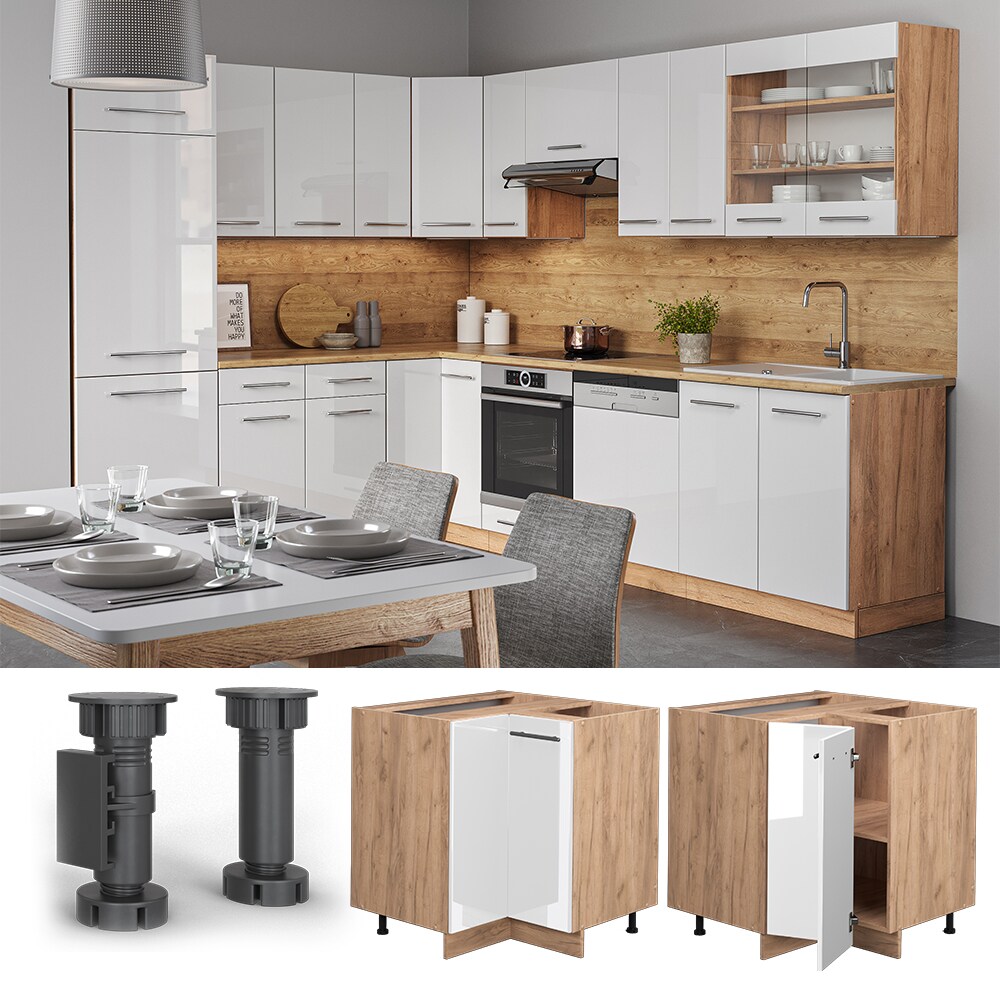 Vicco Eckunterschrank K&uuml;chenschrank K&uuml;chenm&ouml;bel Fame-Line Eiche Wei&szlig; modern 87 cm K&uuml;che Eckk&uuml;che Einbauk&uuml;che Doppel-Dreht&uuml;r Einlegeboden Blende K&uuml;chenzeile Hochglanz 