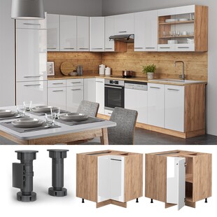 Vicco Eckunterschrank Küchenschrank Küchenmöbel Fame-Line Eiche Weiß modern 87 cm Küche Eckküche Einbauküche Doppel-Drehtür Einlegeboden Blende Küchenzeile Hochglanz 