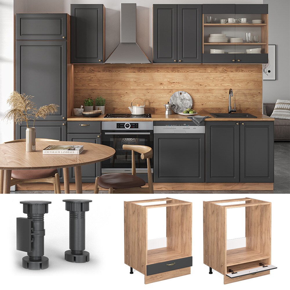 Vicco Herdumbauschrank K&uuml;chenschrank K&uuml;chenm&ouml;bel Fame-Line Eiche Anthrazit-Gold Landhaus 60 cm K&uuml;che Einbauk&uuml;che Blende Herdschrank K&uuml;chenzeile 