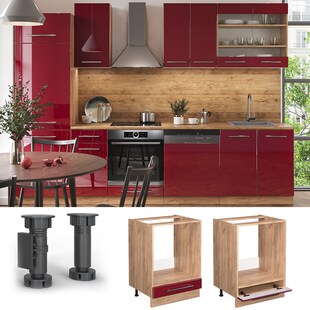 Vicco Herdumbauschrank Küchenschrank Küchenmöbel Fame-Line Eiche Rot Bordeaux modern 60 cm Küche Einbauküche Blende Herdschrank Küchenzeile Hochglanz 