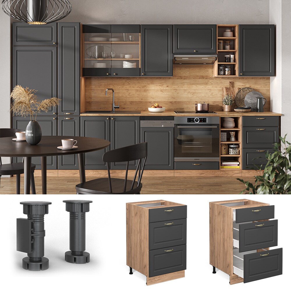 Vicco Schubunterschrank K&uuml;chenschrank K&uuml;chenm&ouml;bel Fame-Line Eiche Anthrazit-Gold Landhaus 50 cm K&uuml;che Einbauk&uuml;che Dreht&uuml;r Blende K&uuml;chenzeile 