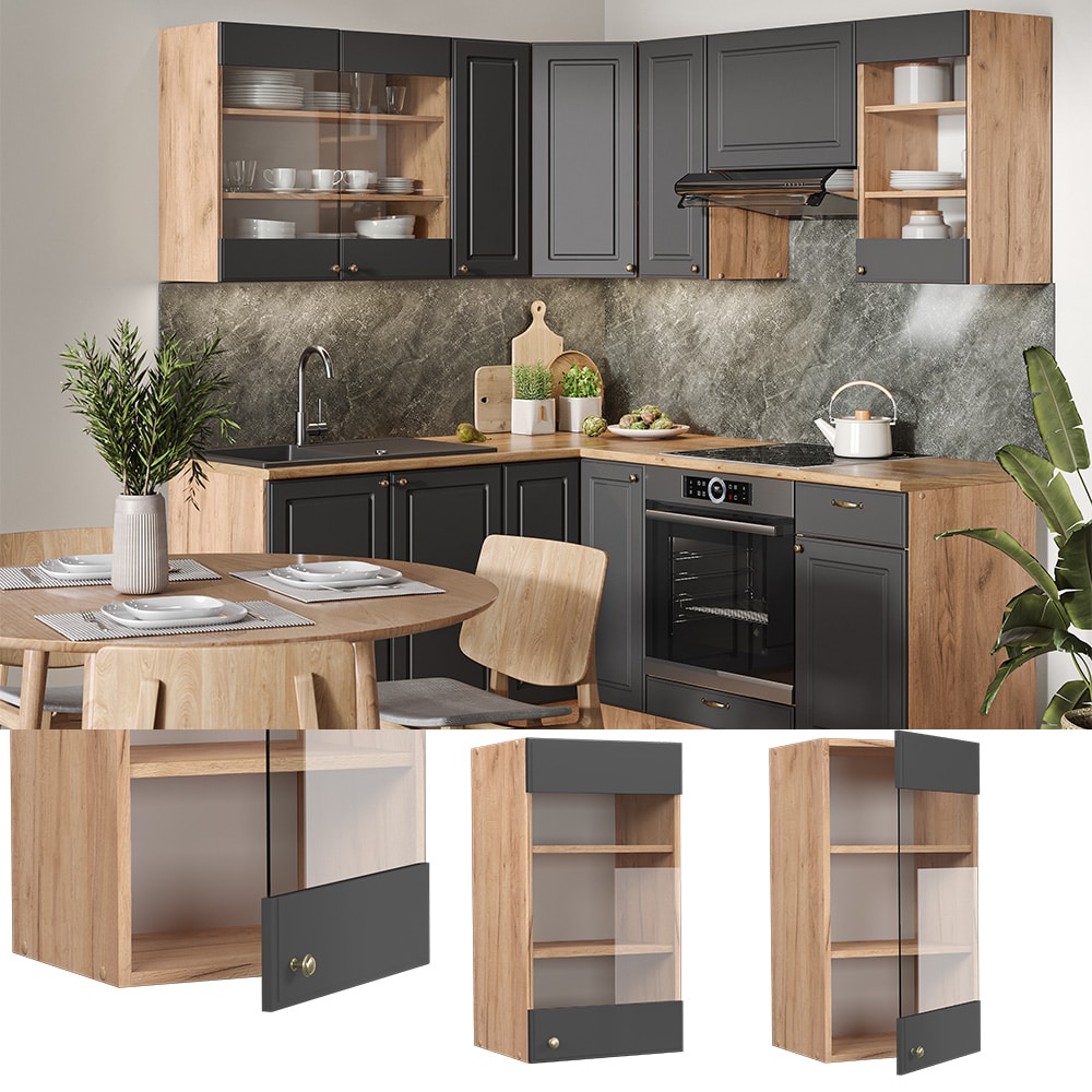 Vicco H&auml;ngeglasschrank K&uuml;chenschrank K&uuml;chenm&ouml;bel Fame-Line Eiche Anthrazit-Gold Landhaus 40 cm K&uuml;che Einbauk&uuml;che H&auml;ngeschrank Glasschrank Dreht&uuml;r Einlegeboden K&uuml;chenzeile 