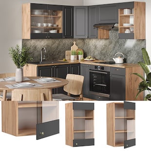 Vicco Hängeglasschrank Küchenschrank Küchenmöbel Fame-Line Eiche Anthrazit-Gold Landhaus 40 cm Küche Einbauküche Hängeschrank Glasschrank Drehtür Einlegeboden Küchenzeile 