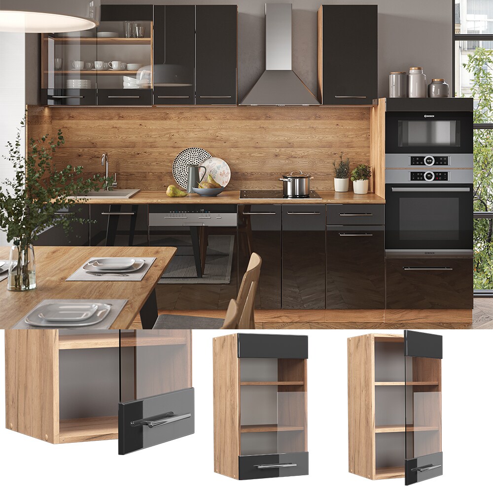 Vicco H&auml;ngeglasschrank K&uuml;chenschrank K&uuml;chenm&ouml;bel Fame-Line Eiche Anthrazit modern 40 cm K&uuml;che Einbauk&uuml;che H&auml;ngeschrank Glasschrank Dreht&uuml;r Einlegeboden K&uuml;chenzeile Hochglanz 