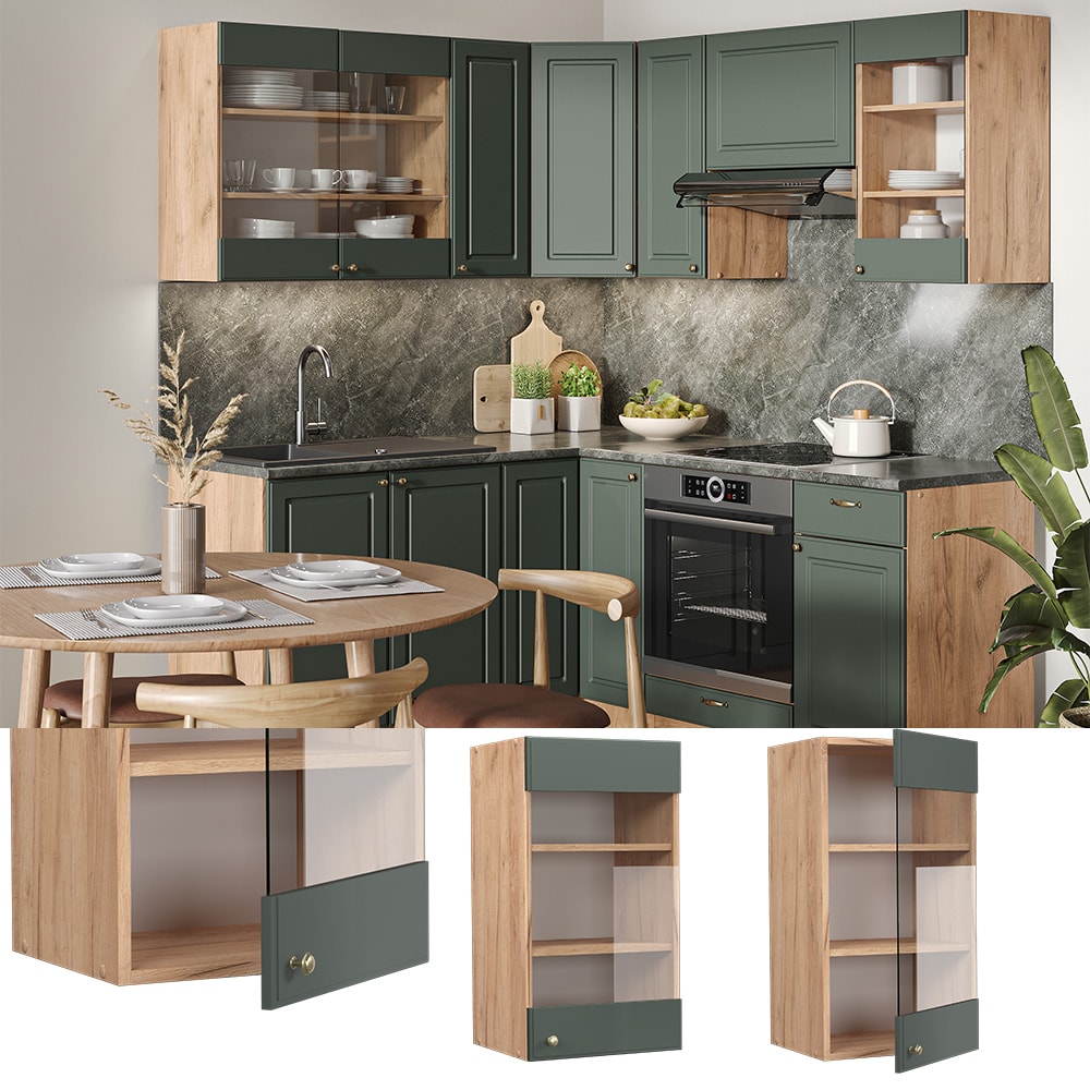 Vicco H&auml;ngeglasschrank K&uuml;chenschrank K&uuml;chenm&ouml;bel Fame-Line Eiche Gr&uuml;n-Gold Landhaus 40 cm K&uuml;che Einbauk&uuml;che H&auml;ngeschrank Glasschrank Dreht&uuml;r Einlegeboden K&uuml;chenzeile 