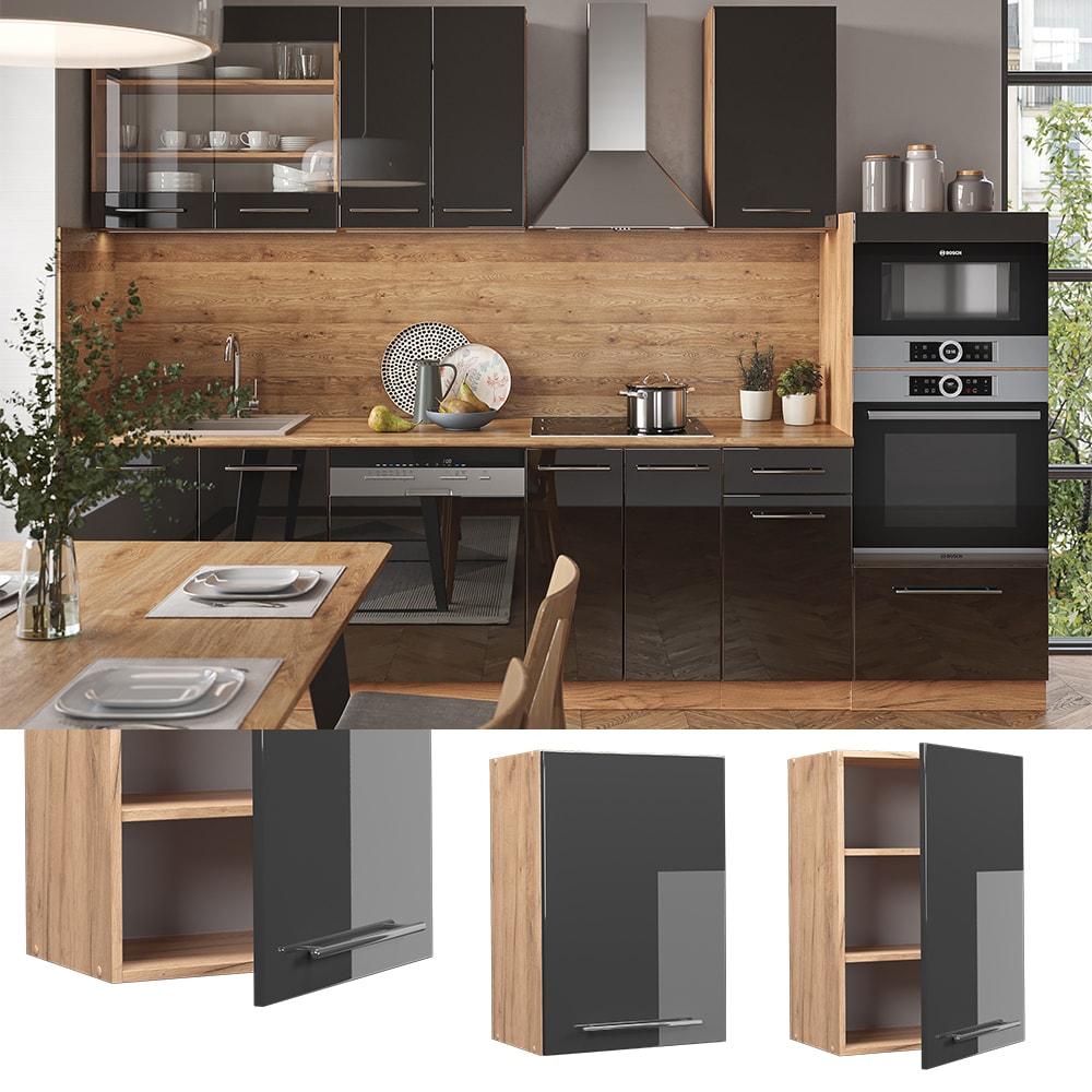 Vicco H&auml;ngeschrank K&uuml;chenschrank K&uuml;chenm&ouml;bel Fame-Line Eiche Anthrazit modern 50 cm K&uuml;che Einbauk&uuml;che H&auml;ngeschrank Dreht&uuml;r Einlegeboden K&uuml;chenzeile Hochglanz 