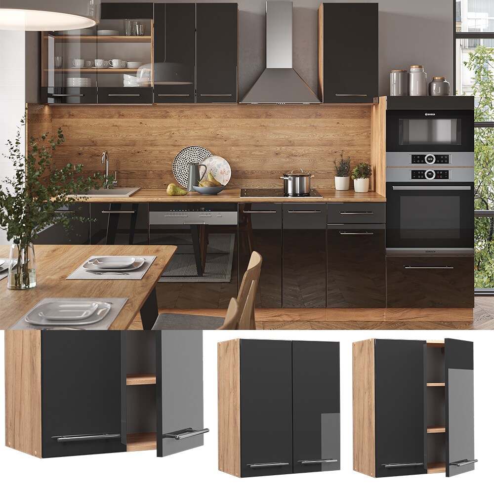Vicco H&auml;ngeschrank K&uuml;chenschrank K&uuml;chenm&ouml;bel Fame-Line Eiche Anthrazit modern 60 cm K&uuml;che Einbauk&uuml;che H&auml;ngeschrank Dreht&uuml;r Einlegeboden K&uuml;chenzeile Hochglanz 