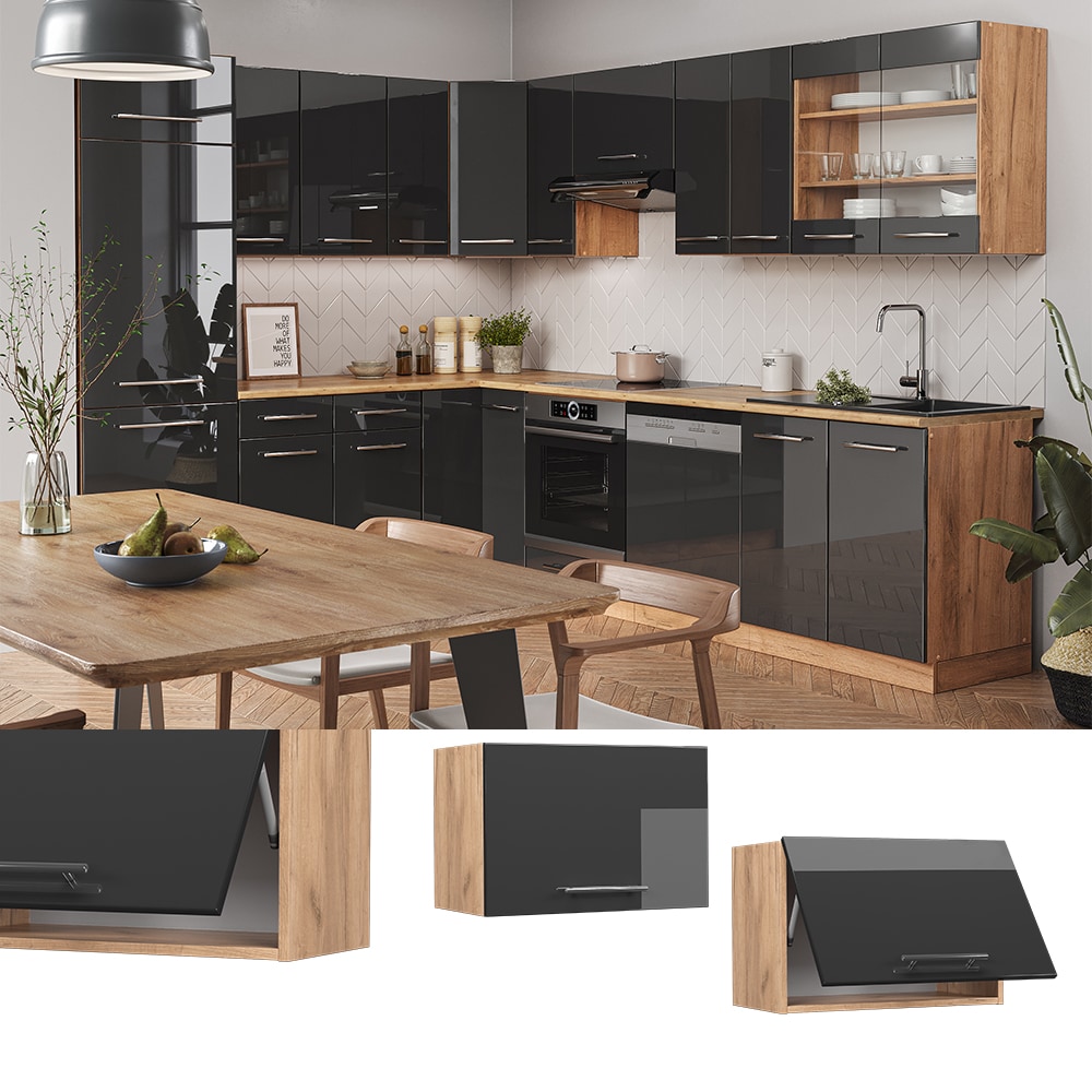 Vicco H&auml;ngeschrank K&uuml;chenschrank K&uuml;chenm&ouml;bel Fame-Line Eiche Anthrazit modern 60 cm K&uuml;che Einbauk&uuml;che H&auml;ngeschrank Klappt&uuml;r Dunstabzugshaube K&uuml;chenzeile Hochglanz 