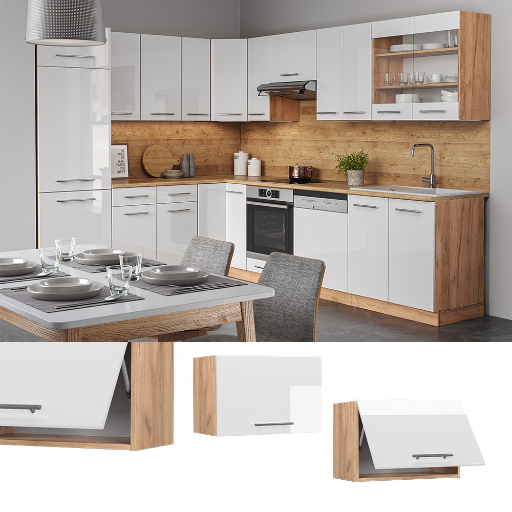 Vicco H&auml;ngeschrank K&uuml;chenschrank K&uuml;chenm&ouml;bel Fame-Line Eiche Wei&szlig; modern 60 cm K&uuml;che Einbauk&uuml;che H&auml;ngeschrank Klappt&uuml;r Dunstabzugshaube K&uuml;chenzeile Hochglanz 