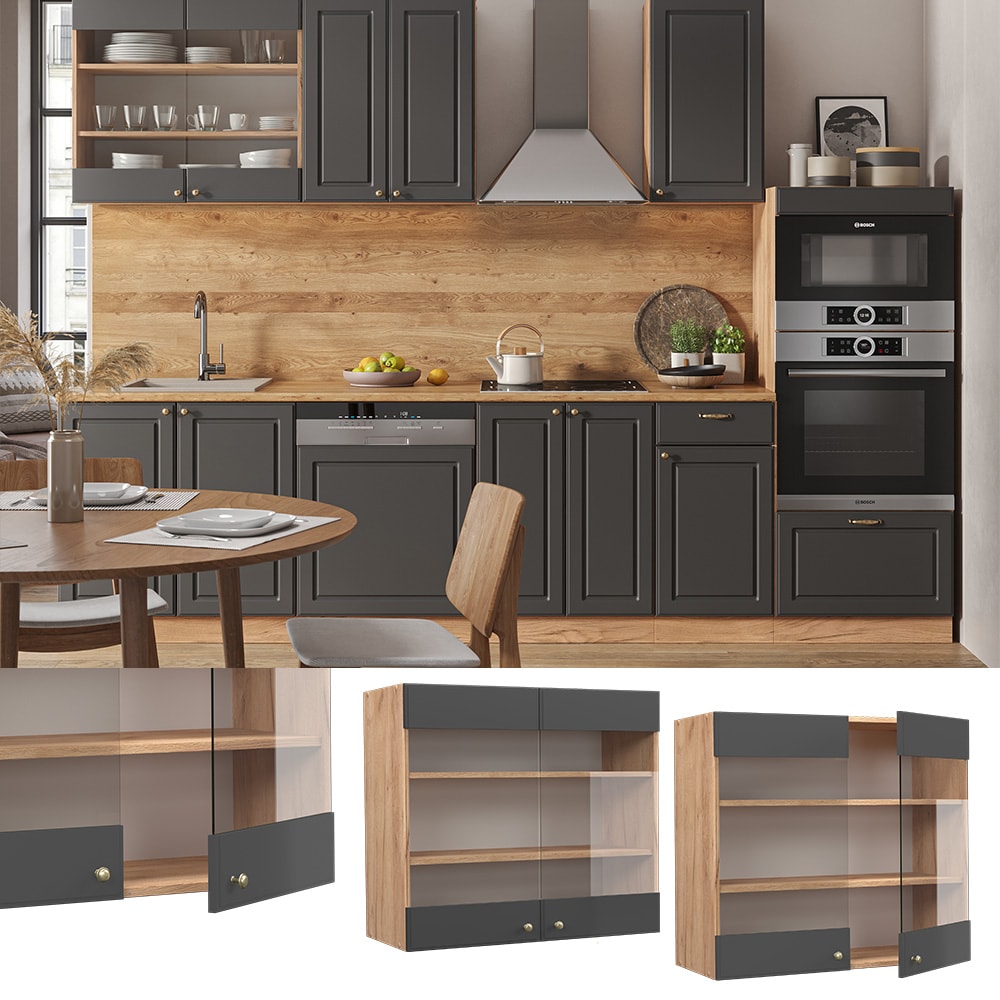 Vicco H&auml;ngeglasschrank K&uuml;chenschrank K&uuml;chenm&ouml;bel Fame-Line Eiche Anthrazit-Gold Landhaus 80 cm K&uuml;che Einbauk&uuml;che H&auml;ngeschrank Glasschrank Dreht&uuml;r Einlegeboden K&uuml;chenzeile 
