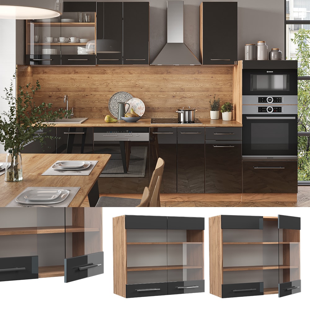 Vicco H&auml;ngeglasschrank K&uuml;chenschrank K&uuml;chenm&ouml;bel Fame-Line Eiche Anthrazit modern 80 cm K&uuml;che Einbauk&uuml;che H&auml;ngeschrank Glasschrank Dreht&uuml;r Einlegeboden K&uuml;chenzeile Hochglanz 