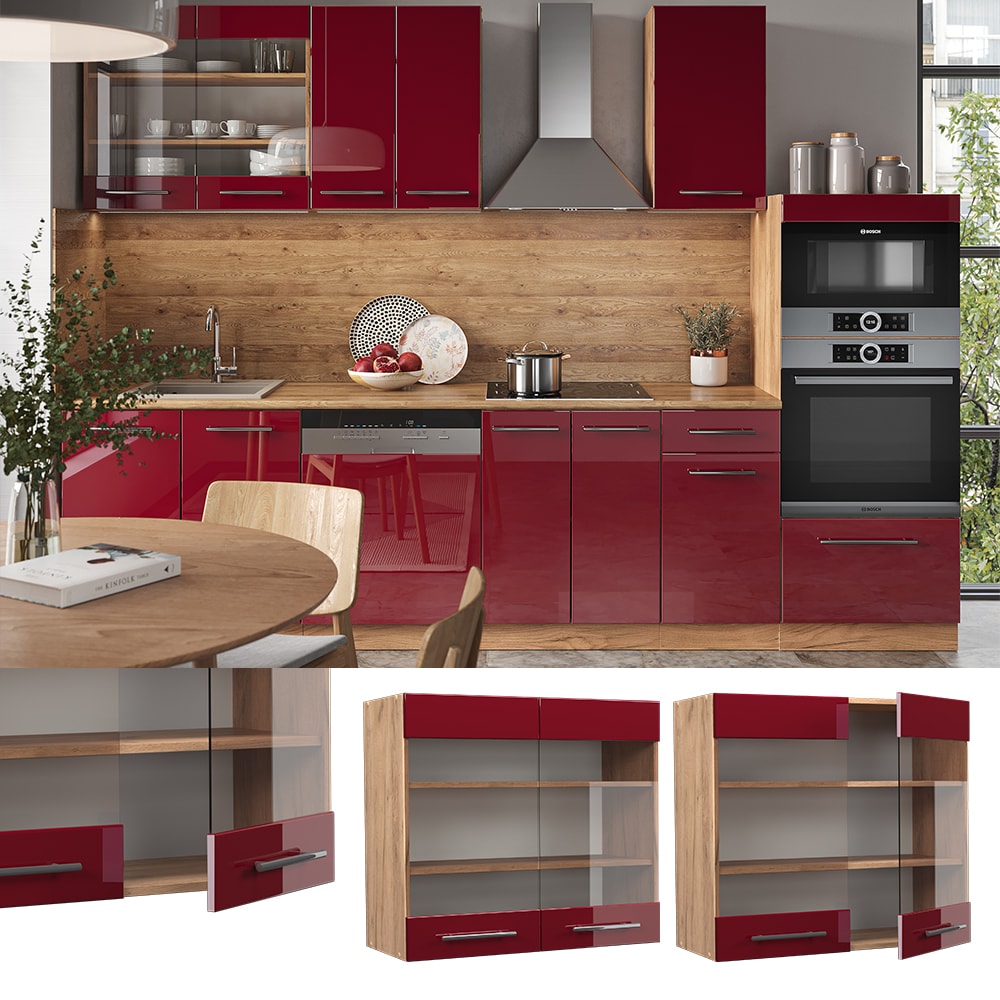 Vicco H&auml;ngeglasschrank K&uuml;chenschrank K&uuml;chenm&ouml;bel Fame-Line Eiche Rot Bordeaux modern 80 cm K&uuml;che Einbauk&uuml;che H&auml;ngeschrank Glasschrank Dreht&uuml;r Einlegeboden K&uuml;chenzeile Hochglanz 