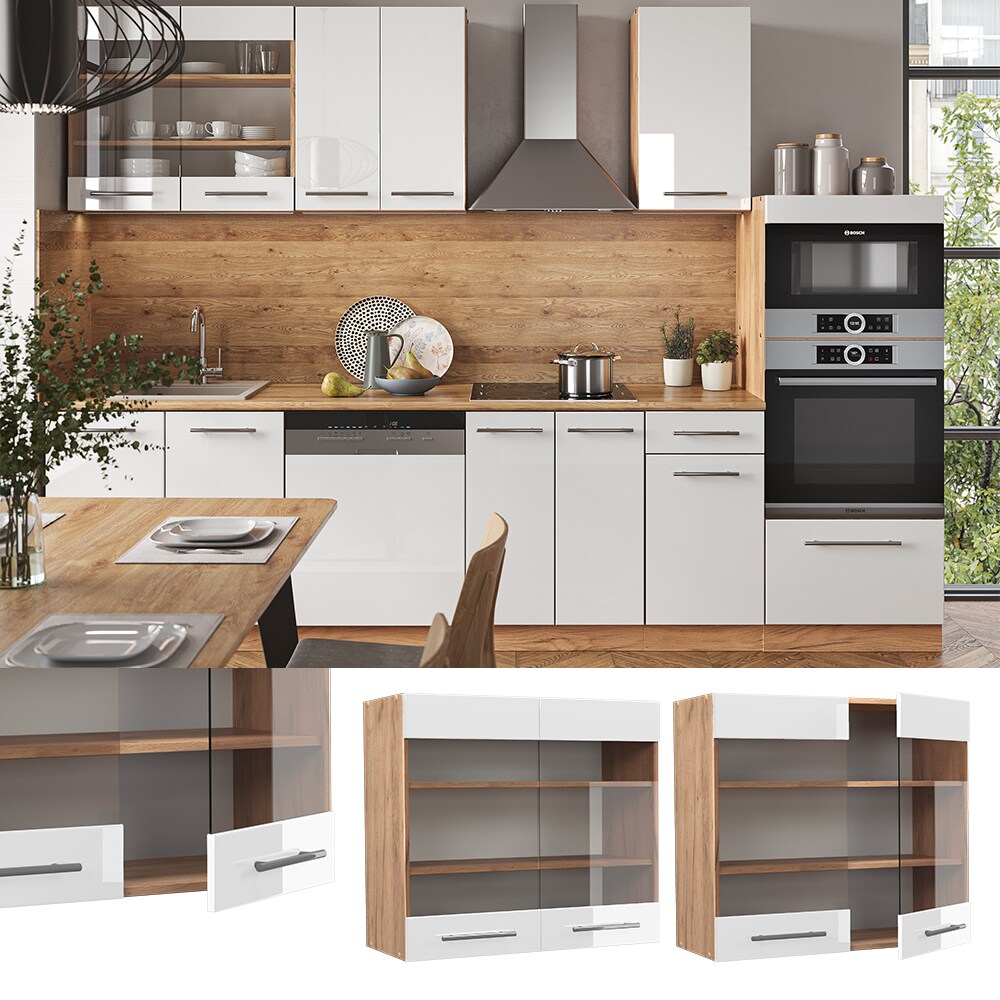Vicco H&auml;ngeglasschrank K&uuml;chenschrank K&uuml;chenm&ouml;bel Fame-Line Eiche Wei&szlig; modern 80 cm K&uuml;che Einbauk&uuml;che H&auml;ngeschrank Glasschrank Dreht&uuml;r Einlegeboden K&uuml;chenzeile Hochglanz 