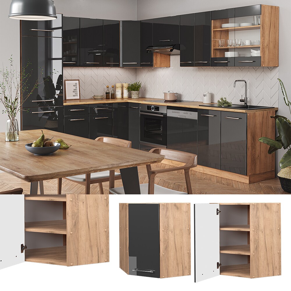 Vicco Eckh&auml;ngeschrank K&uuml;chenschrank K&uuml;chenm&ouml;bel Fame-Line Eiche Anthrazit modern 57 cm K&uuml;che Einbauk&uuml;che Eckk&uuml;che H&auml;ngeschrank Dreht&uuml;r Einlegeboden K&uuml;chenzeile Hochglanz 