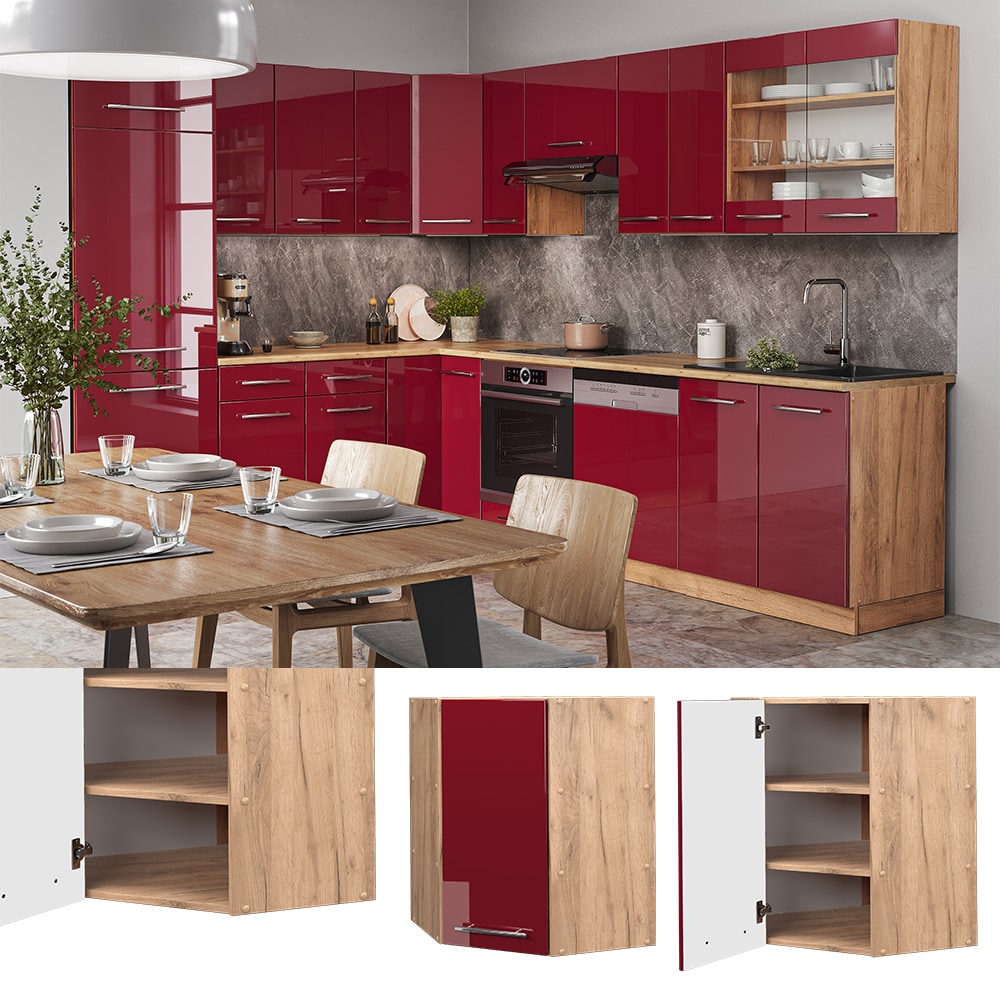 Vicco Eckh&auml;ngeschrank K&uuml;chenschrank K&uuml;chenm&ouml;bel Fame-Line Eiche Rot Bordeaux modern 57 cm K&uuml;che Einbauk&uuml;che Eckk&uuml;che H&auml;ngeschrank Dreht&uuml;r Einlegeboden K&uuml;chenzeile Hochglanz 