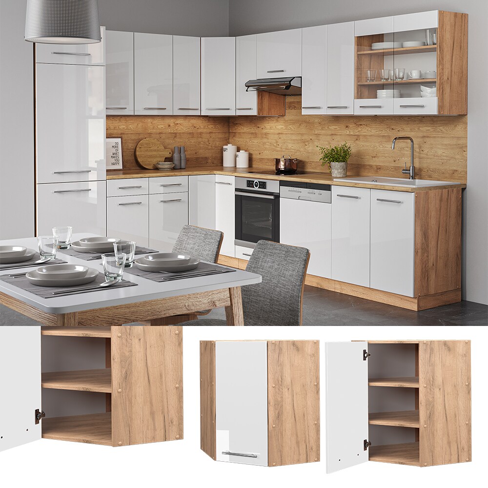 Vicco Eckh&auml;ngeschrank K&uuml;chenschrank K&uuml;chenm&ouml;bel Fame-Line Eiche Wei&szlig; modern 57 cm K&uuml;che Einbauk&uuml;che Eckk&uuml;che H&auml;ngeschrank Dreht&uuml;r Einlegeboden K&uuml;chenzeile Hochglanz 