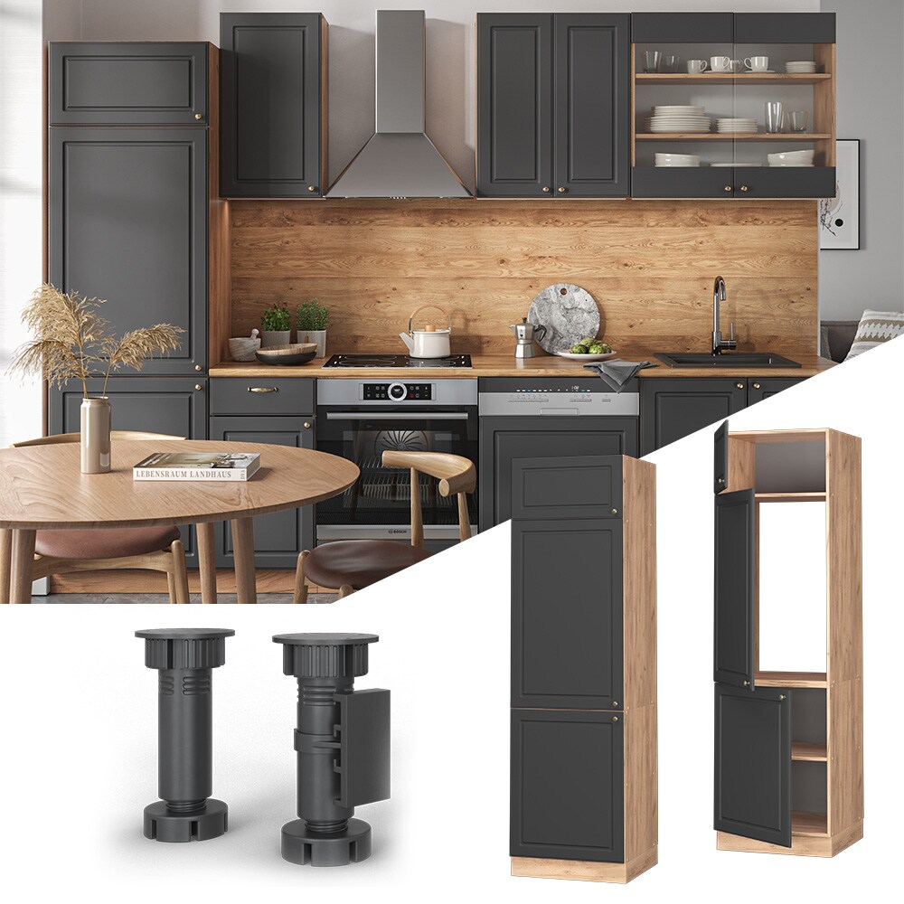 Vicco K&uuml;hlumbauschrank K&uuml;chenschrank K&uuml;chenm&ouml;bel Fame-Line Eiche Anthrazit-Gold Landhaus 60 cm K&uuml;che Einbauk&uuml;che Blende Dreht&uuml;r Einlegeboden K&uuml;hlschrank K&uuml;chenzeile 