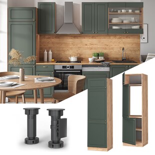 Vicco Kühlumbauschrank Küchenschrank Küchenmöbel Fame-Line Eiche Grün-Gold Landhaus 60 cm Küche Einbauküche Blende Drehtür Einlegeboden Kühlschrank Küchenzeile 