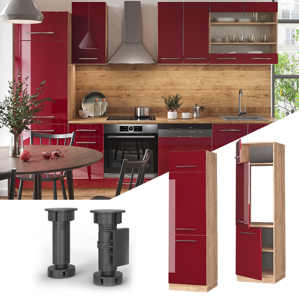 Vicco K&uuml;hlumbauschrank K&uuml;chenschrank K&uuml;chenm&ouml;bel Fame-Line Eiche Rot Bordeaux modern 60 cm K&uuml;che Einbauk&uuml;che Blende Dreht&uuml;r Einlegeboden K&uuml;hlschrank K&uuml;chenzeile Hochglanz 