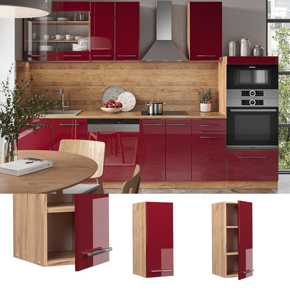 Vicco H&auml;ngeschrank K&uuml;chenschrank K&uuml;chenm&ouml;bel Fame-Line Eiche Rot Bordeaux modern 30 cm K&uuml;che Einbauk&uuml;che H&auml;ngeschrank Dreht&uuml;r Einlegeboden K&uuml;chenzeile Hochglanz 