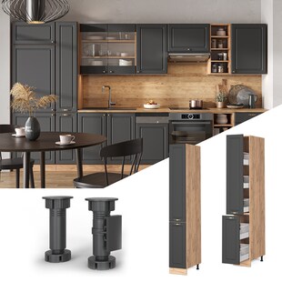 Vicco Apothekerhochschrank Küchenschrank Küchenmöbel Fame-Line Eiche Anthrazit-Gold Landhaus 30 cm Küche Einbauküche Einschübe Aufbewahrung Küchenzeile 