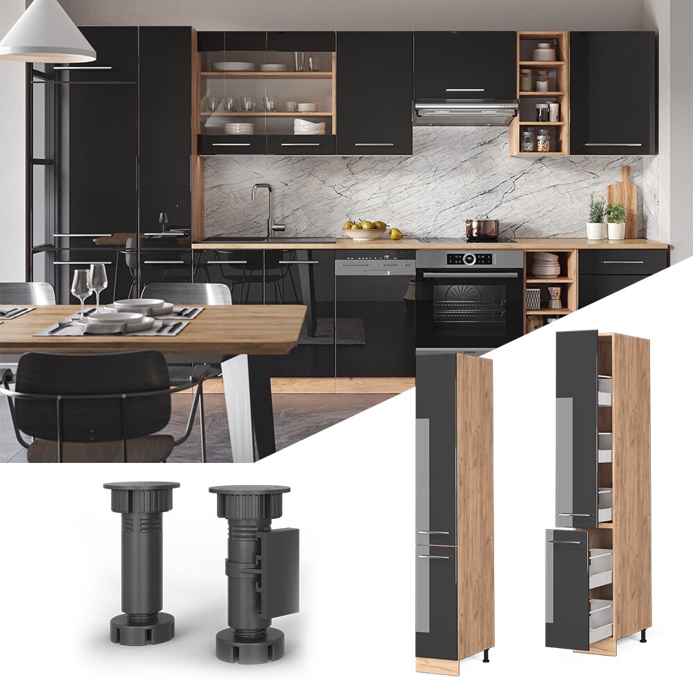 Vicco Apothekerhochschrank K&uuml;chenschrank K&uuml;chenm&ouml;bel Fame-Line Eiche Anthrazit modern 30 cm K&uuml;che Einbauk&uuml;che Einsch&uuml;be Aufbewahrung K&uuml;chenzeile Hochglanz 