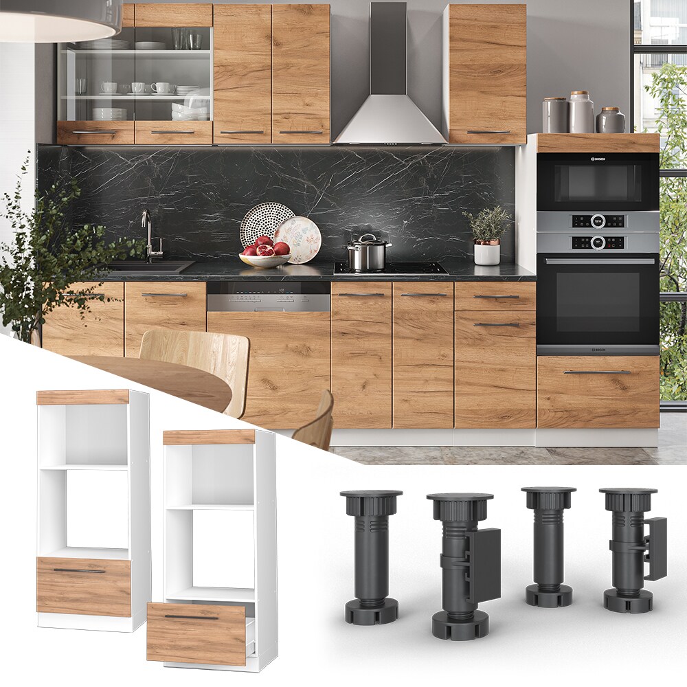 Vicco Mikrowellenumbauschrank K&uuml;chenschrank K&uuml;chenm&ouml;bel Fame-Line Wei&szlig; Eiche modern 60 cm K&uuml;che Einbauk&uuml;che Blende Schublade Mikrowelle Backofen K&uuml;chenzeile 