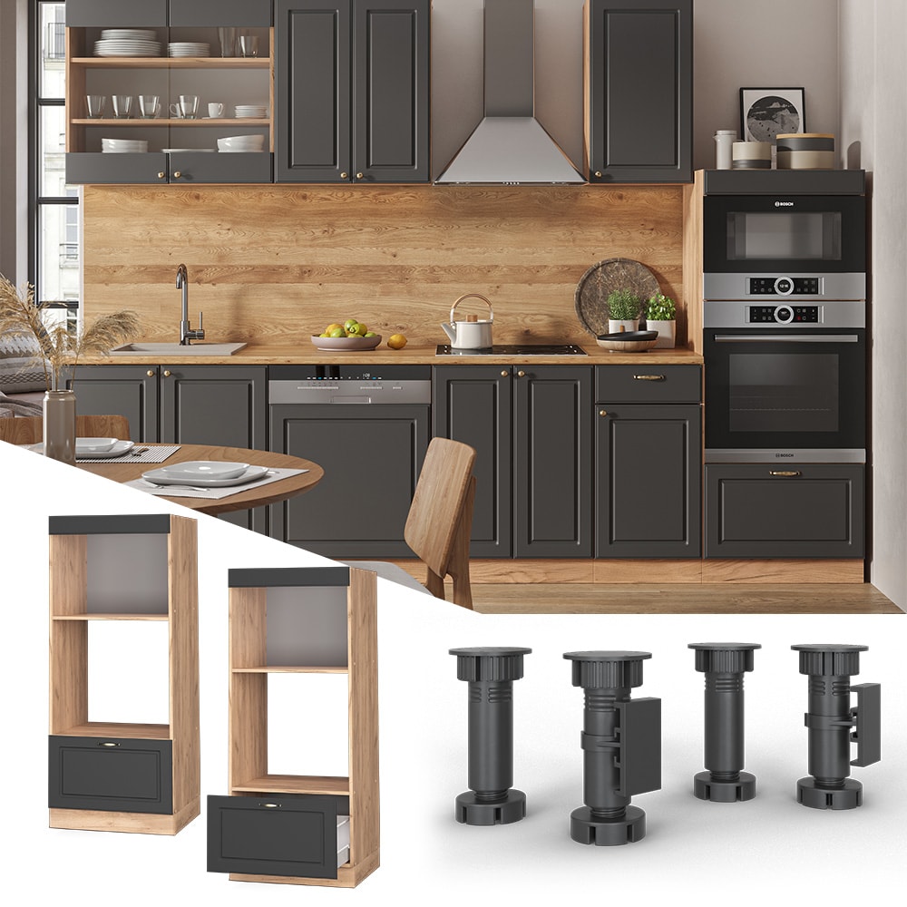 VICCO Mikrowellenschrank 60 cm Goldcraft/Anthrazit Landhaus K&uuml;chenschrank Backofen K&uuml;chenzeile Fame-Line 