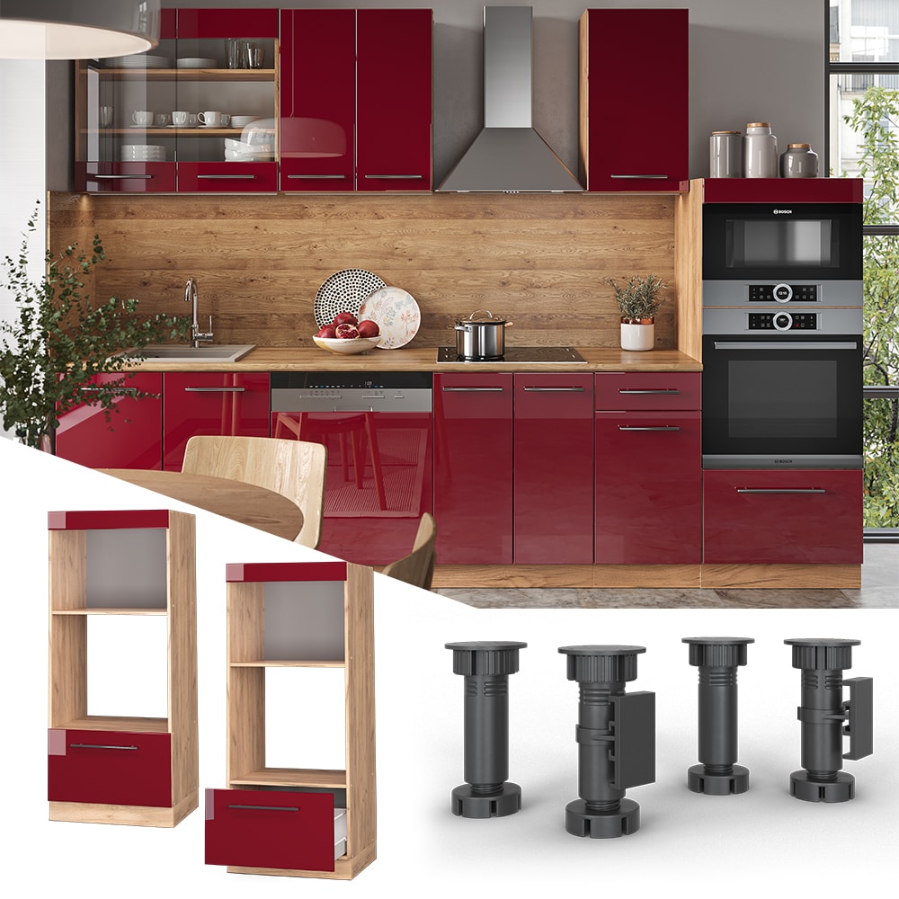 Vicco Mikrowellenumbauschrank K&uuml;chenschrank K&uuml;chenm&ouml;bel Fame-Line Eiche Rot Bordeaux modern 60 cm K&uuml;che Einbauk&uuml;che Blende Schublade Mikrowelle Backofen K&uuml;chenzeile Hochglanz 