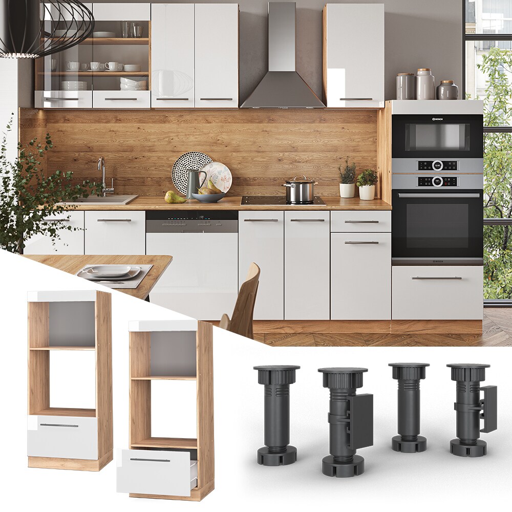 Vicco Mikrowellenumbauschrank K&uuml;chenschrank K&uuml;chenm&ouml;bel Fame-Line Eiche Wei&szlig; modern 60 cm K&uuml;che Einbauk&uuml;che Blende Schublade Mikrowelle Backofen K&uuml;chenzeile Hochglanz 