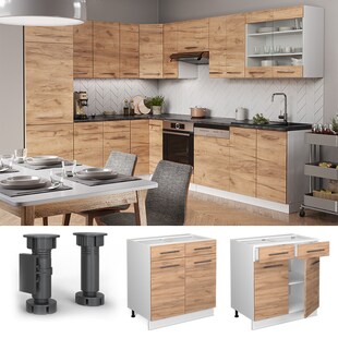 Vicco Schubunterschrank Küchenschrank Küchenmöbel Fame-Line Weiß Eiche modern 80 cm Küche Einbauküche Drehtür Schublade Einlegeboden Blende Küchenzeile 