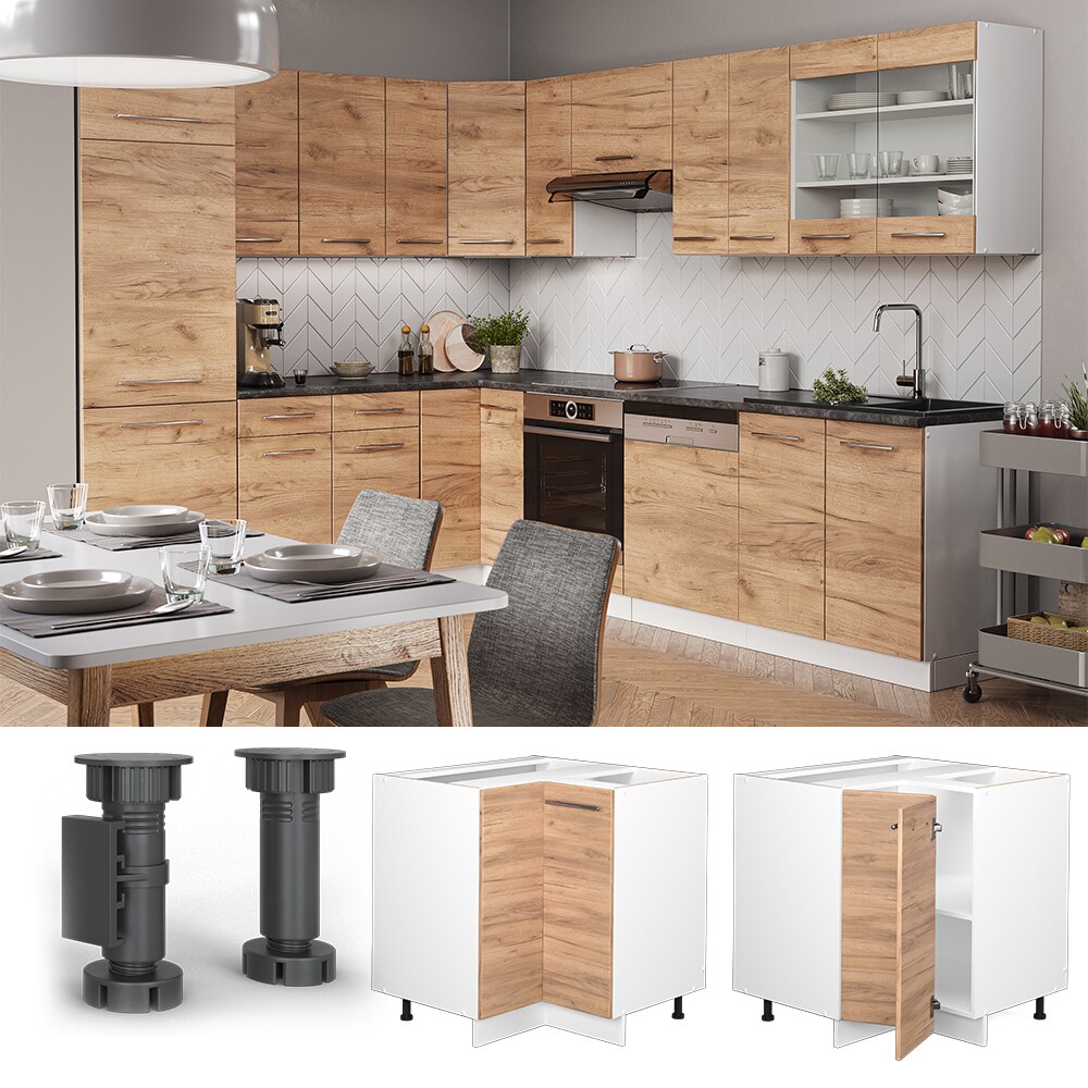 Vicco Eckunterschrank K&uuml;chenschrank K&uuml;chenm&ouml;bel Fame-Line Wei&szlig; Eiche modern 87 cm K&uuml;che Eckk&uuml;che Einbauk&uuml;che Doppel-Dreht&uuml;r Einlegeboden Blende K&uuml;chenzeile 