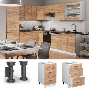 Vicco Schubunterschrank Küchenschrank Küchenmöbel Fame-Line Weiß Eiche modern 50 cm Küche Einbauküche Drehtür Blende Küchenzeile 