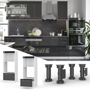 Vicco Mikrowellenumbauschrank Küchenschrank Küchenmöbel Fame-Line Weiß Anthrazit 60 cm modern Hochglanz Küche Einbauküche Blende Hochschrank Schublade Mikrowelle Backofen Küchenzeile 