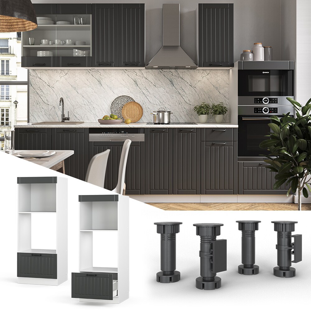 Vicco Mikrowellenumbauschrank K&uuml;chenschrank K&uuml;chenm&ouml;bel Fame-Line Landhaus Wei&szlig; Dunkelgrau 60 cm Gold K&uuml;che Einbauk&uuml;che Blende Hochschrank Schublade Mikrowelle Backofen K&uuml;chenzeile 