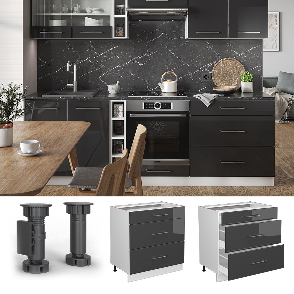 Vicco Schubladenunterschrank K&uuml;chenschrank K&uuml;chenm&ouml;bel Fame-Line Wei&szlig; Anthrazit 80 cm modern Hochglanz K&uuml;che Einbauk&uuml;che Dreht&uuml;r Blende Schublade K&uuml;chenunterschrank K&uuml;chenzeile 