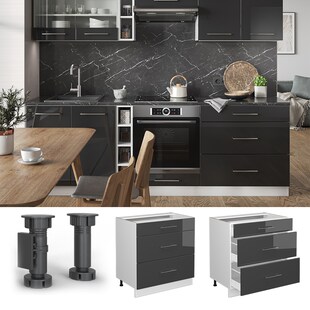 Vicco Schubladenunterschrank Küchenschrank Küchenmöbel Fame-Line Weiß Anthrazit 80 cm modern Hochglanz Küche Einbauküche Drehtür Blende Schublade Küchenunterschrank Küchenzeile 