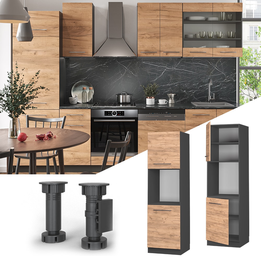 Vicco Herdumbauschrank K&uuml;chenschrank K&uuml;chenm&ouml;bel Fame-Line Anthrazit Eiche Goldkraft  60 cm modern K&uuml;che Einbauk&uuml;che Blende Herdschrank Hochschrank K&uuml;chenzeile Dreht&uuml;r Einlegeboden 