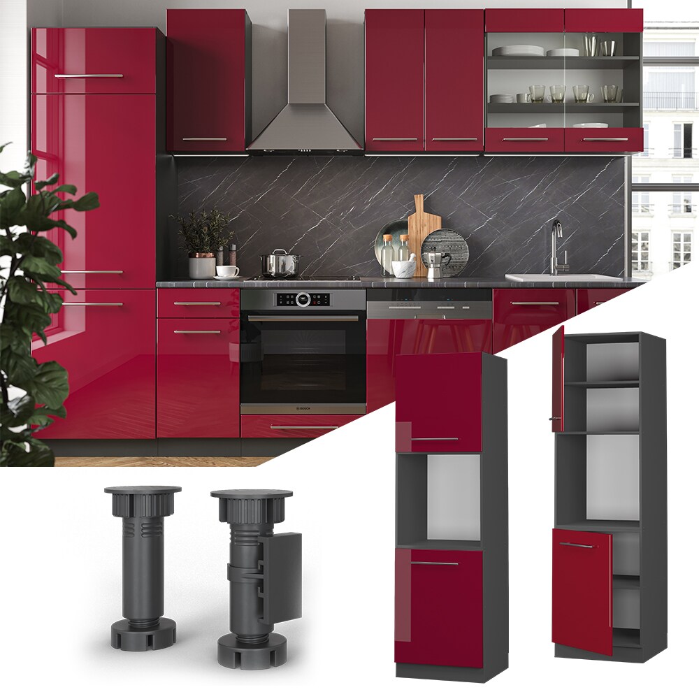 Vicco Herdumbauschrank K&uuml;chenschrank K&uuml;chenm&ouml;bel Fame-Line Anthrazit Bordeaux Rot  60 cm modern Hochglanz K&uuml;che Einbauk&uuml;che Blende Herdschrank Hochschrank K&uuml;chenzeile Dreht&uuml;r Einlegeboden 