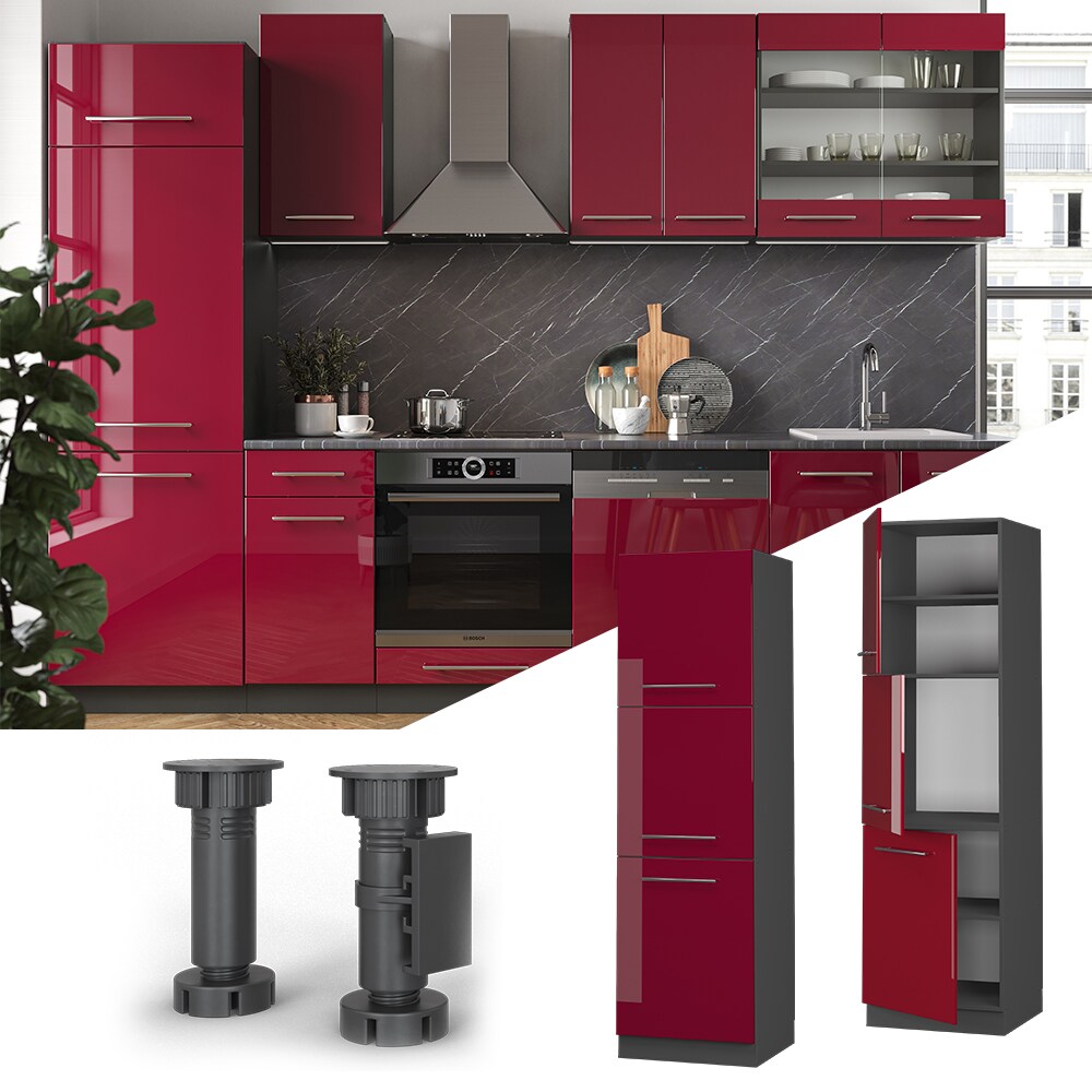 Vicco Herdumbauschrank K&uuml;chenschrank K&uuml;chenm&ouml;bel Fame-Line Anthrazit Bordeaux Rot  60 cm modern Hochglanz K&uuml;che Einbauk&uuml;che Blende Herdschrank Hochschrank K&uuml;chenzeile Dreht&uuml;r Einlegeboden 