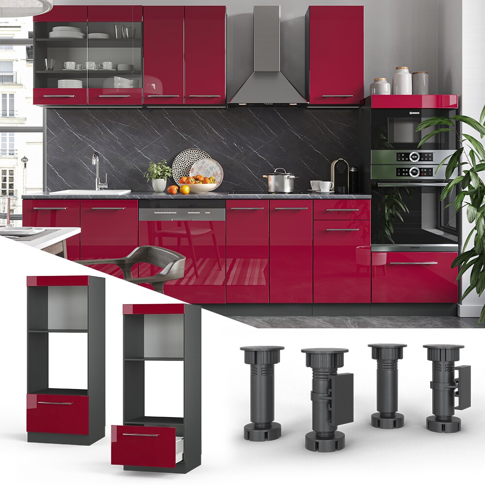 Vicco Mikrowellenumbauschrank K&uuml;chenschrank K&uuml;chenm&ouml;bel Fame-Line Anthrazit Bordeaux Rot 60 cm modern Hochglanz K&uuml;che Einbauk&uuml;che Blende Hochschrank Schublade Mikrowelle Backofen K&uuml;chenzeile 