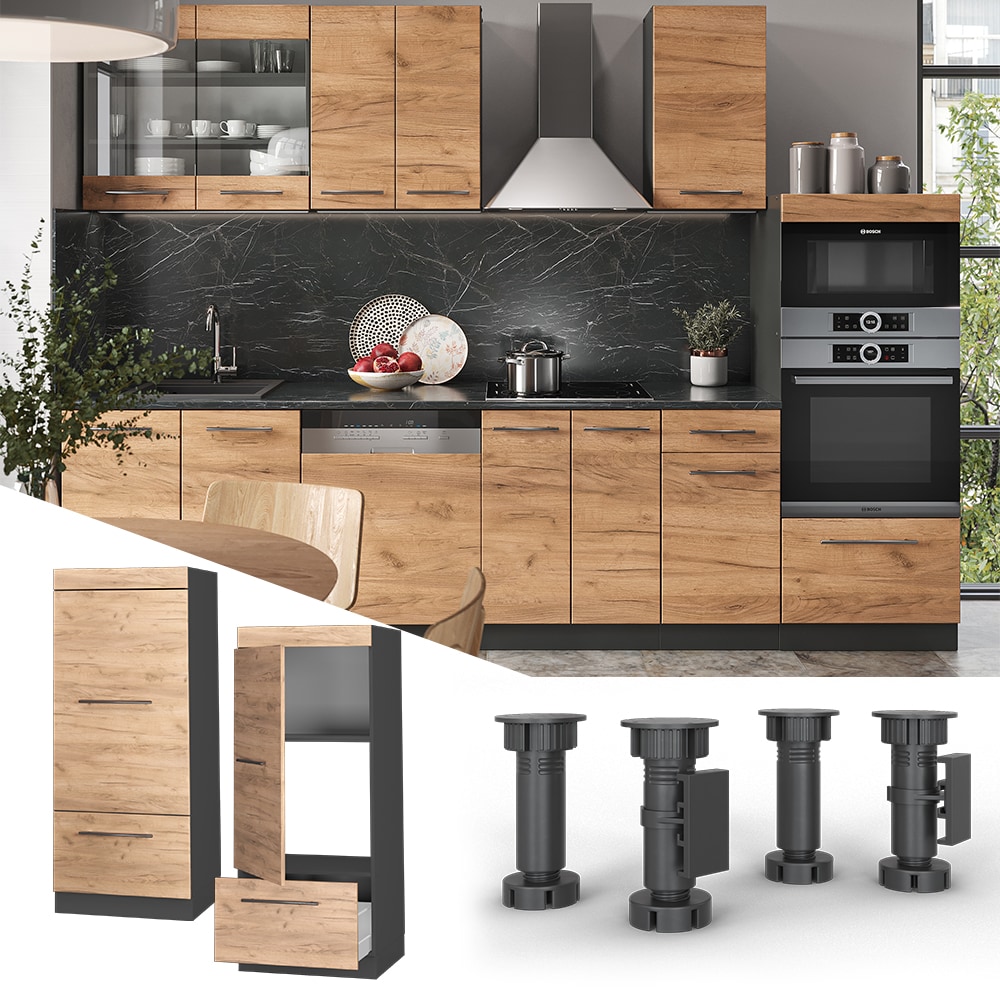 Vicco Mikrowellenumbauschrank K&uuml;chenschrank K&uuml;chenm&ouml;bel Fame-Line Anthrazit Eiche Goldkraft 60 cm modern K&uuml;che Einbauk&uuml;che Blende Hochschrank Schublade Mikrowelle Backofen K&uuml;chenzeile 