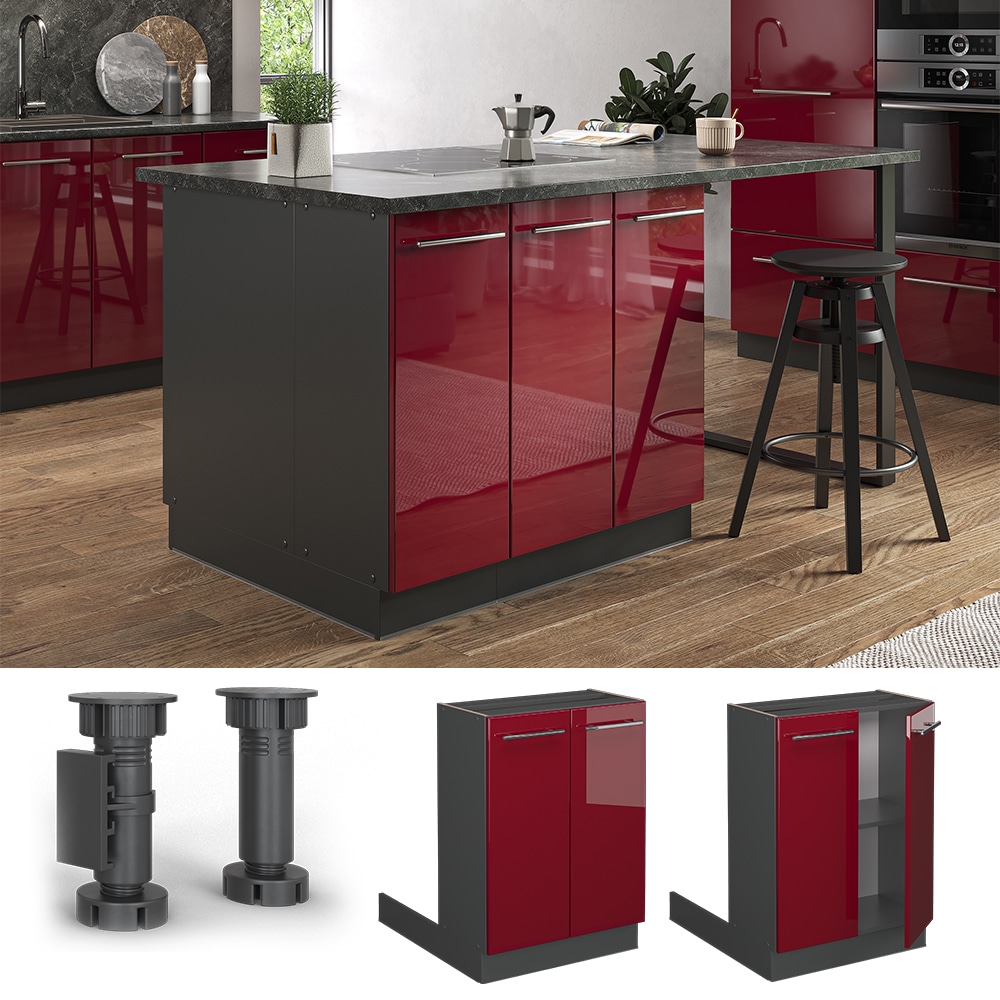 Vicco Regalinselunterschrank K&uuml;chenschrank K&uuml;chenm&ouml;bel Fame-Line Anthrazit Bordeaux Rot 60 cm modern Hochglanz K&uuml;che Einbauk&uuml;che K&uuml;cheninsel Dreht&uuml;r Einlegeboden Blende K&uuml;chenunterschrank K&uuml;chenzeile 