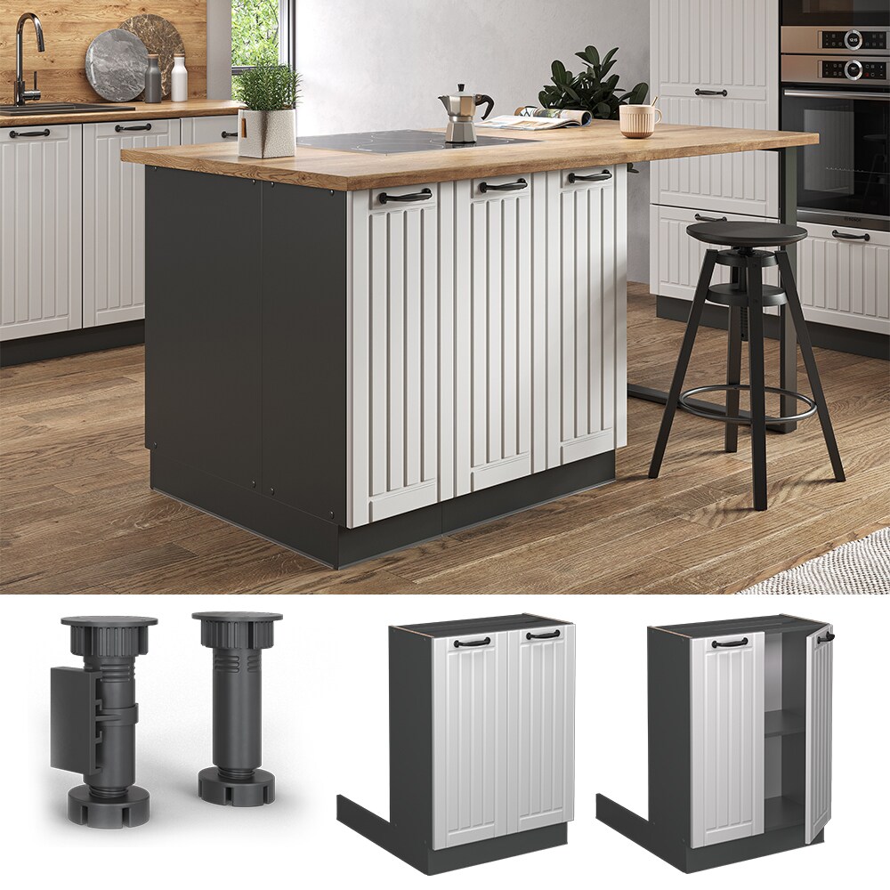 Vicco Regalinselunterschrank K&uuml;chenschrank K&uuml;chenm&ouml;bel Fame-Line Landhaus Anthrazit Wei&szlig; 60 cm K&uuml;che Einbauk&uuml;che K&uuml;cheninsel Dreht&uuml;r Einlegeboden Blende K&uuml;chenunterschrank K&uuml;chenzeile 