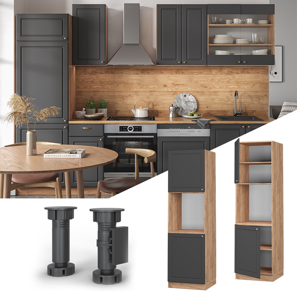 Vicco Herdumbauschrank K&uuml;chenschrank K&uuml;chenm&ouml;bel Fame-Line Landhaus Eiche Anthrazit 60 cm Gold K&uuml;che Einbauk&uuml;che Blende Herdschrank Hochschrank K&uuml;chenzeile Dreht&uuml;r Einlegeboden 