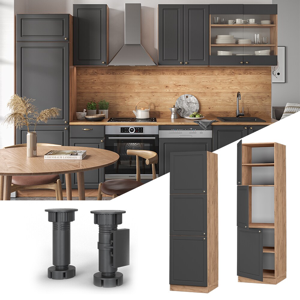 Vicco Herdumbauschrank K&uuml;chenschrank K&uuml;chenm&ouml;bel Fame-Line Landhaus Eiche Anthrazit 60 cm Gold K&uuml;che Einbauk&uuml;che Blende Herdschrank Hochschrank K&uuml;chenzeile Dreht&uuml;r Einlegeboden 