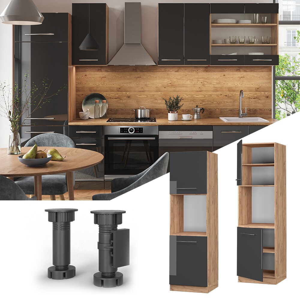 Vicco Herdumbauschrank K&uuml;chenschrank K&uuml;chenm&ouml;bel Fame-Line Eiche Anthrazit 60 cm modern Hochglanz K&uuml;che Einbauk&uuml;che Blende Herdschrank Hochschrank K&uuml;chenzeile Dreht&uuml;r Einlegeboden 