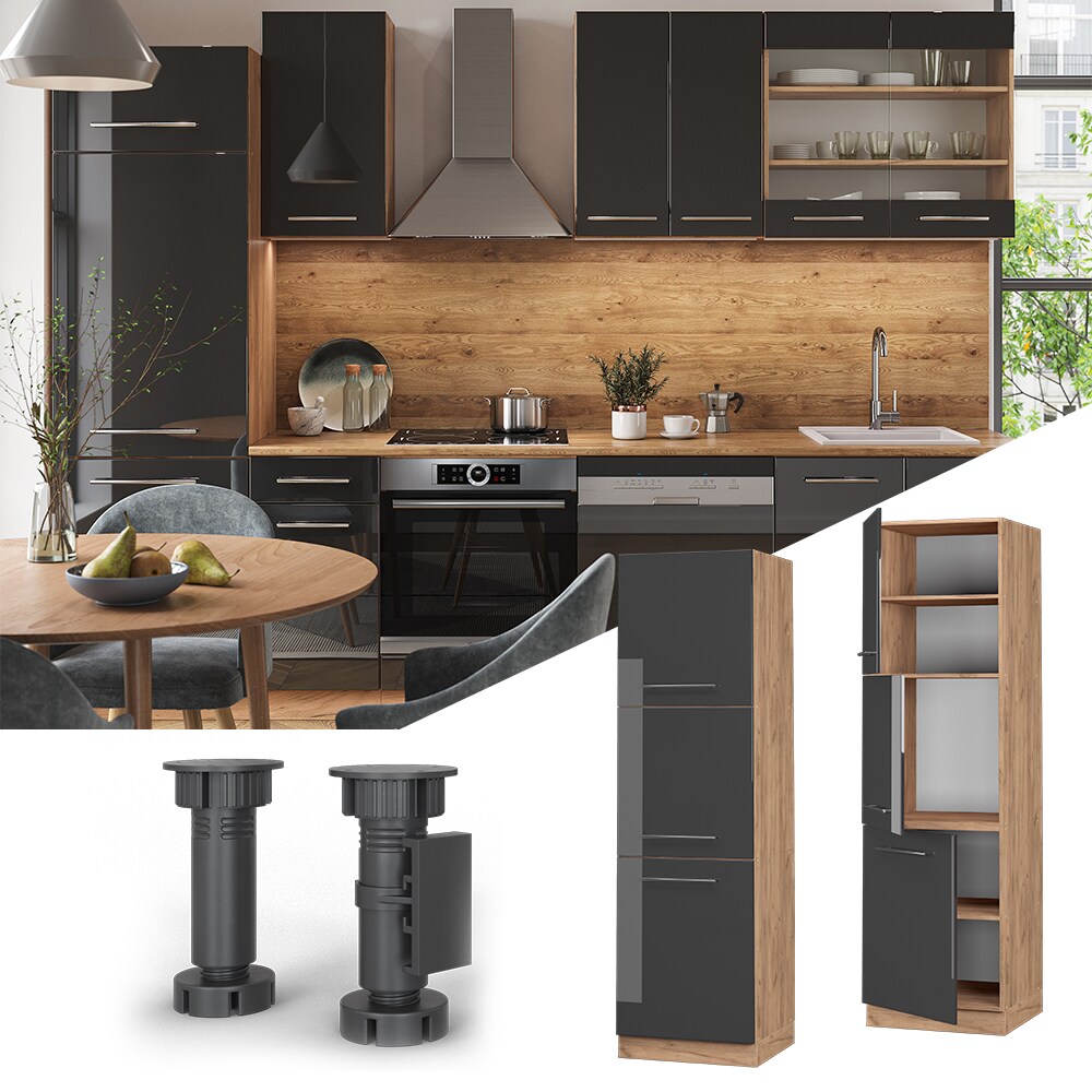 Vicco Herdumbauschrank K&uuml;chenschrank K&uuml;chenm&ouml;bel Fame-Line Eiche Anthrazit 60 cm modern Hochglanz K&uuml;che Einbauk&uuml;che Blende Herdschrank Hochschrank K&uuml;chenzeile Dreht&uuml;r Einlegeboden 